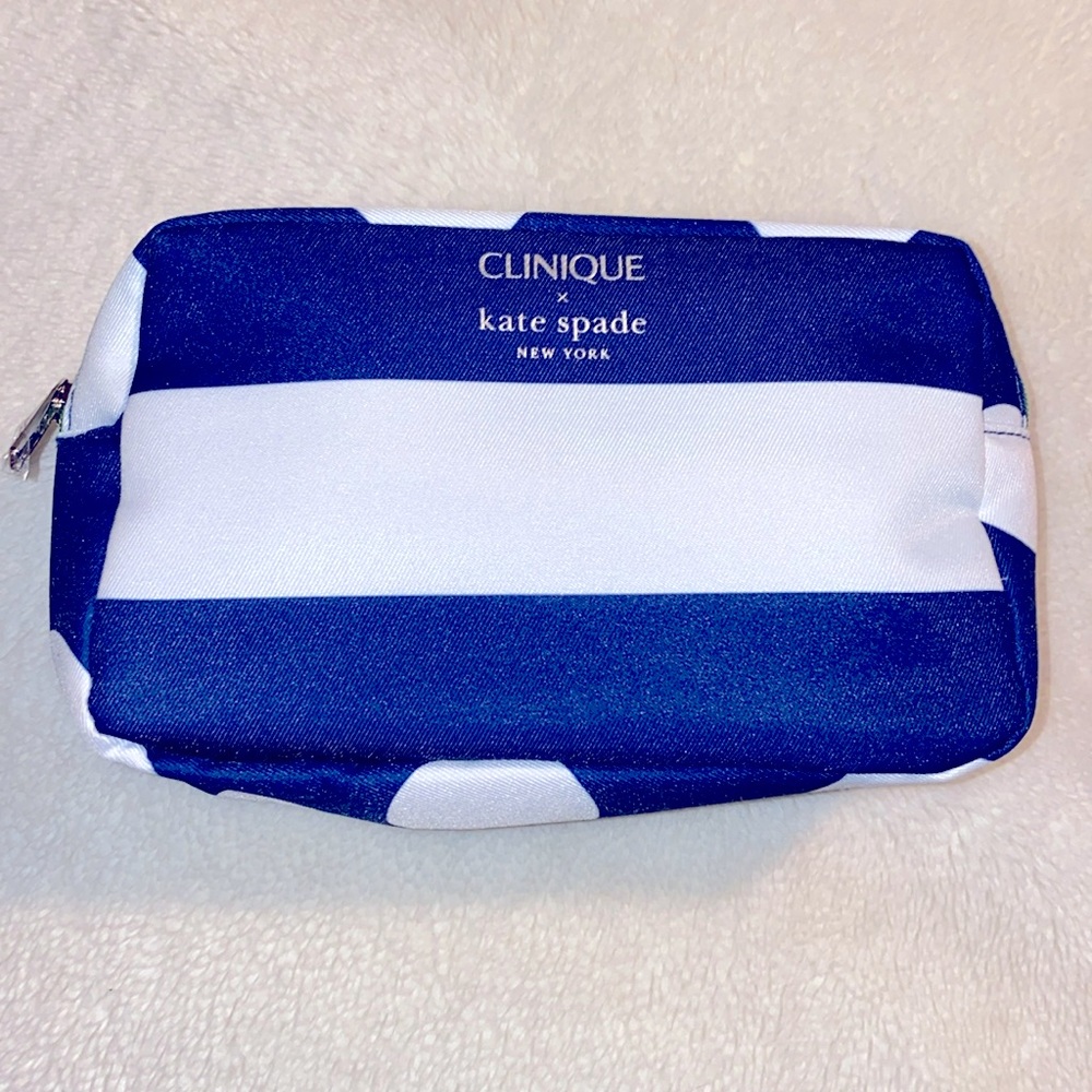Clinique X Kate Spade Blue & White Color Block Nylon Cosmetic Pouch NWOT